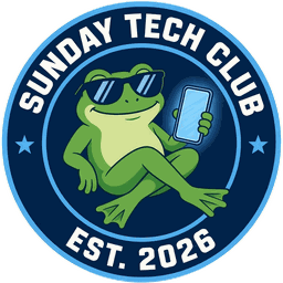 Sunday Tech Club badge: a frog in sunglasses holding a phone, Est. 2026